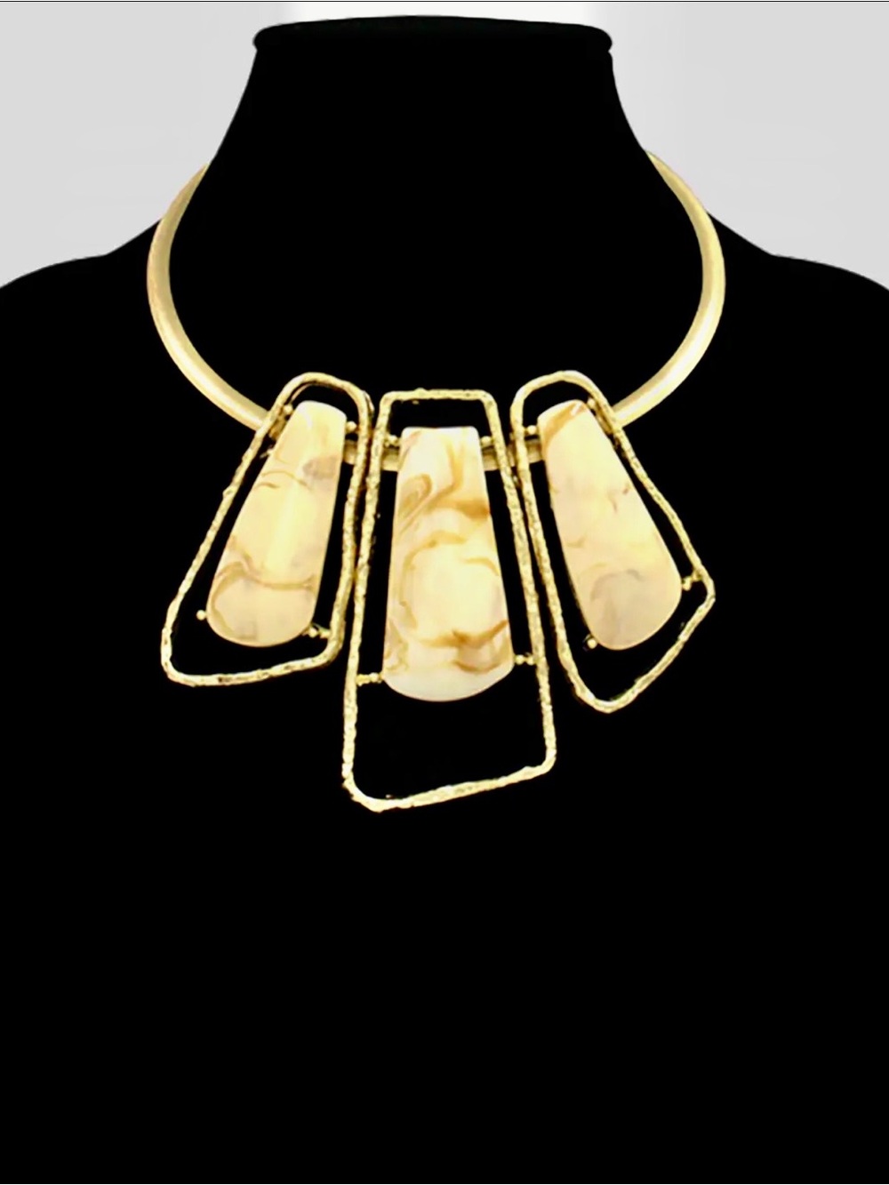 Gold Statement Collar Necklace with Cream Marbled Stones